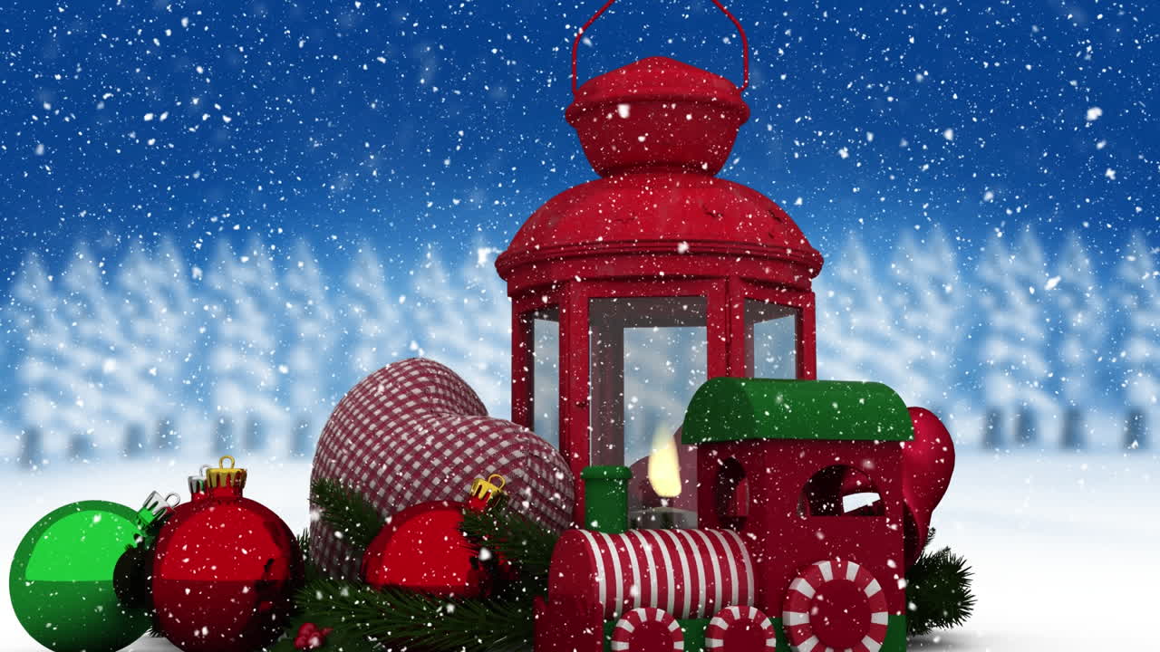 크리스마스 랜턴 위에 내리는 눈의 디지털 애니메이션