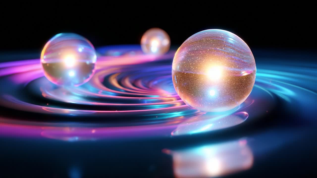 An ethereal scene unfolds with three luminous spheres floating gracefully over a mesmerizing, rippling surface that reflects shimmering colors and cosmic elements, creating a captivating otherworldly atmosphere