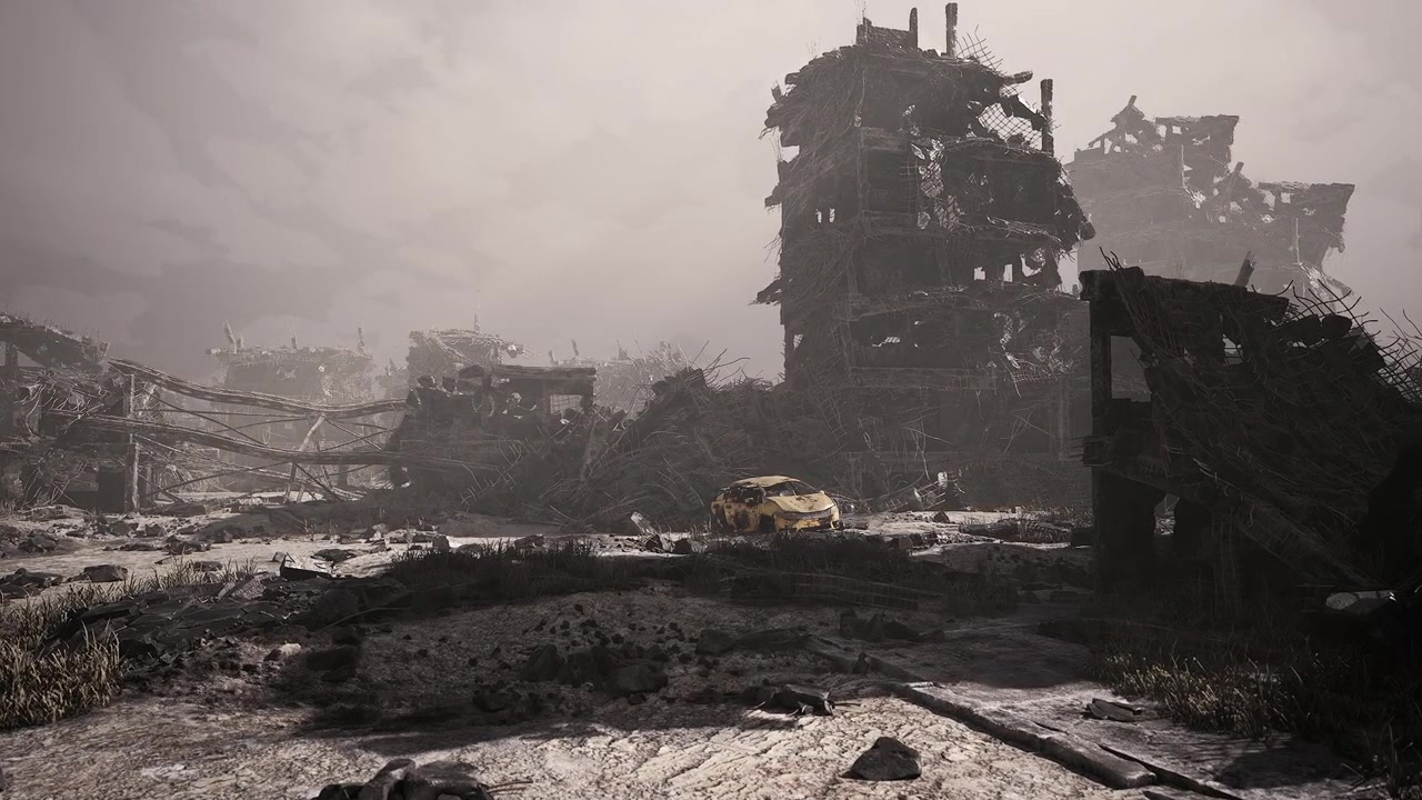 Paesaggio urbano desolato con edifici in rovina e veicolo abbandonato al crepuscolo
