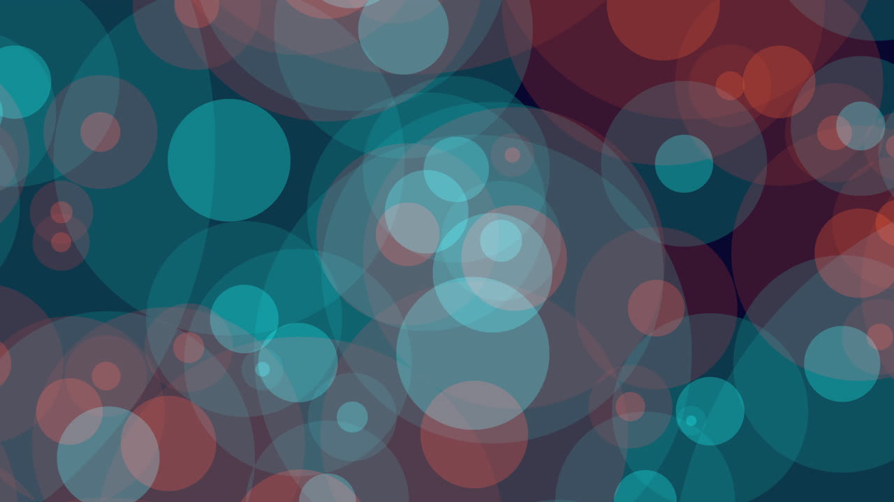 Colorful circles of various sizes range around a central point, intertwined in an abstract circular formation. Blue shades dominate, with hints of red and orange