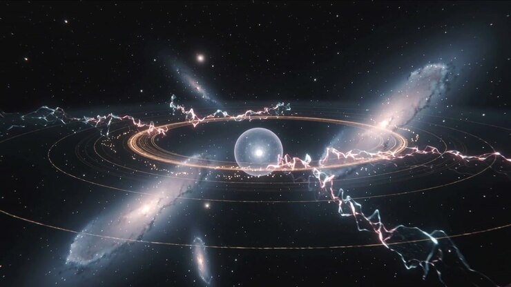 Pulsing orb in deep space, upper-right energy peak initiating clockwise arcs, linking rings to orb