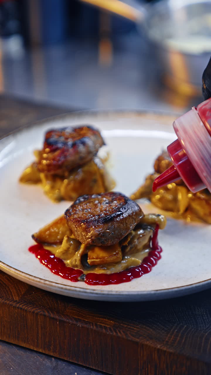 Prepared dish is decorated with red sauce. Meat chops are on the vegetable cooked on the frying pan. Close up. Vertical video.