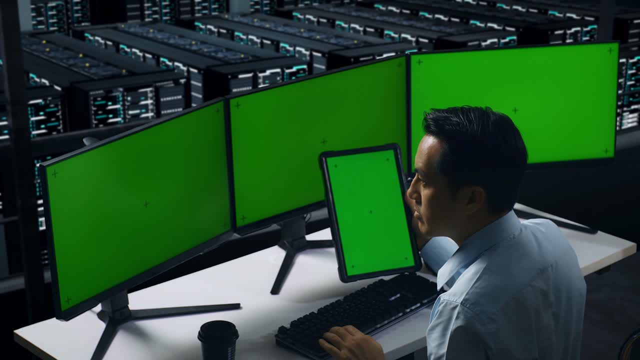 vista trasera de un hombre asiático cansado bostezando mientras trabajaba con un simulacro de varios monitores de computadora en el centro de datos