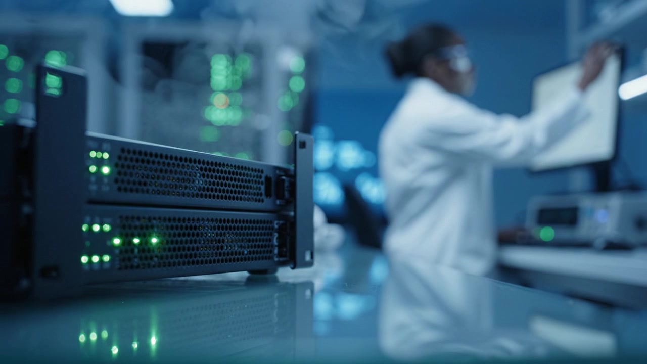 Researcher in Laboratory Working with High-Tech Computer Server Systems Surrounded by Monitors and Data Processing Equipment in a Modern Scientific Environment