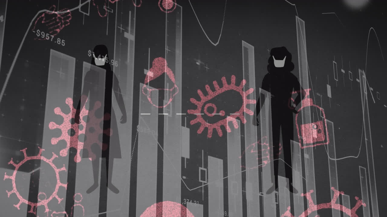 코로나19 세포 및 아이콘의 애니메이션 및 통계 처리