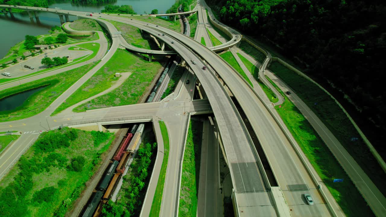 Elevated view of intricate highway overpass system surrounded, transportation network in La Crosse, Minnesota. Dresbach Bridge, USA