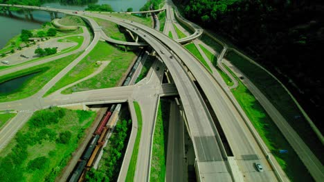 elevated view of intricate highway overpass system surrounded, transportation network in la crosse, minnesota. dresbach bridge, usa