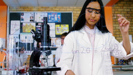 ecuaciones matemáticas flotando contra una niña realizando un experimento en el laboratorio