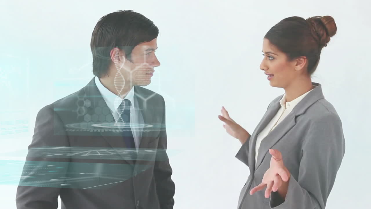 Discussing business, professionals using digital animation overlay in office meeting