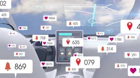Animation-Von-Social-Media-Symbolen-Und-Zahlen-Auf-Bannern-über-Selbstfahrendem-Auto