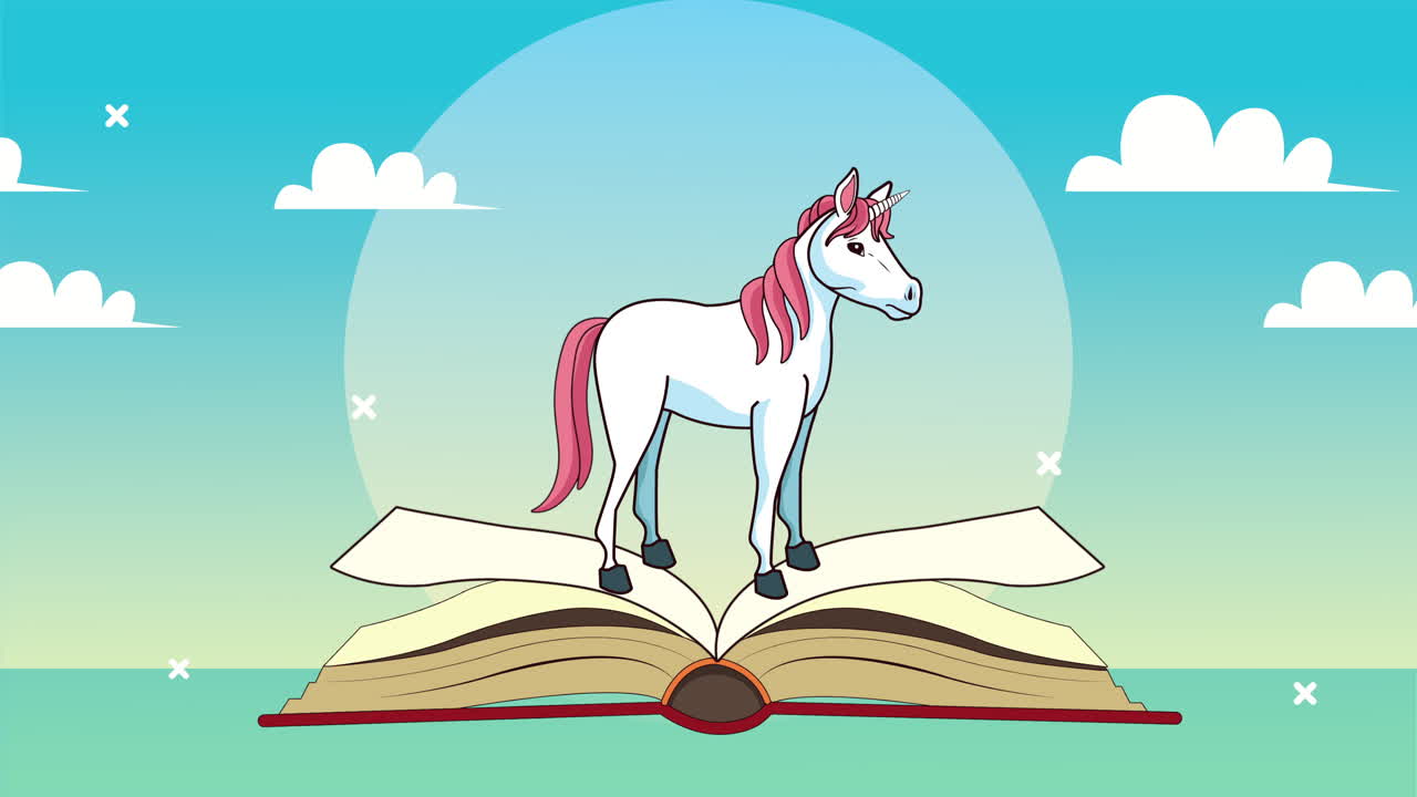 libro de texto abierto con animación de literatura de unicornio