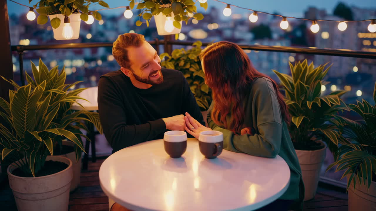 Couple Enjoying a Rooftop Dinner Date