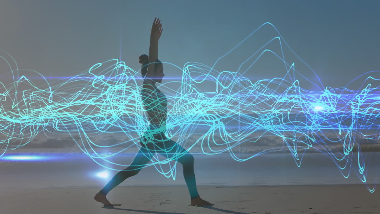 animación de líneas azules sobre mujer caucásica practicando yoga en la playa