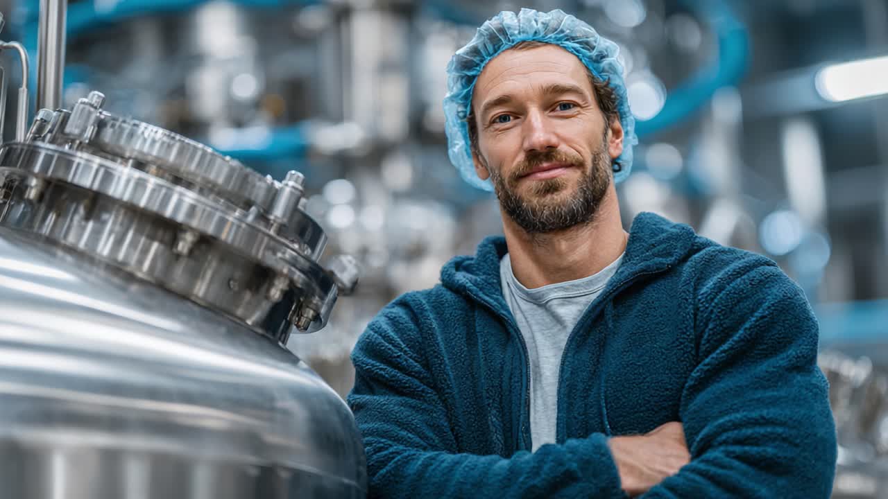Un operaio sicuro di sé in un moderno stabilimento industriale sorride orgoglioso davanti a macchinari sofisticati, dimostrando competenza e dedizione nel settore