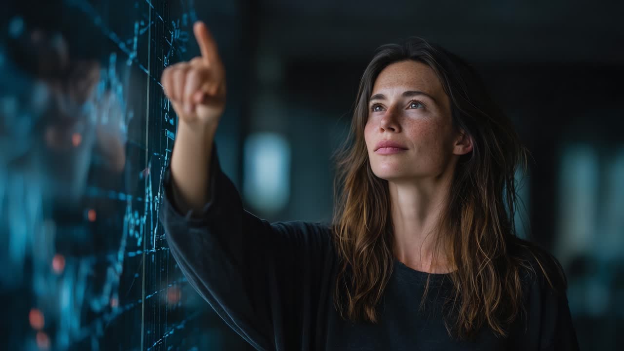 A Woman Engaged in Data Interaction, Illuminating Insights on a Digital Interface with a Focused Expression of Determination and Curiosity in a Modern Workspace Environment