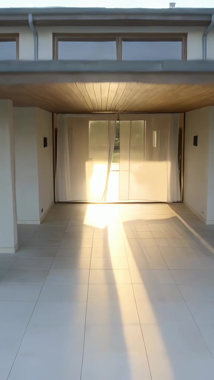Vertical video: Sunlight casting shaft through sliding door stretching across tiled porch at sunset