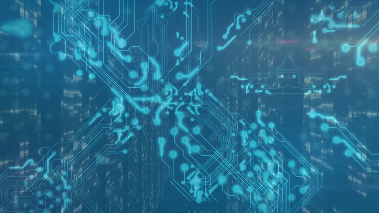 파란색 배경에 모자이크 사각형의 화면에 대한 마이크로프로세서 연결의 애니메이션