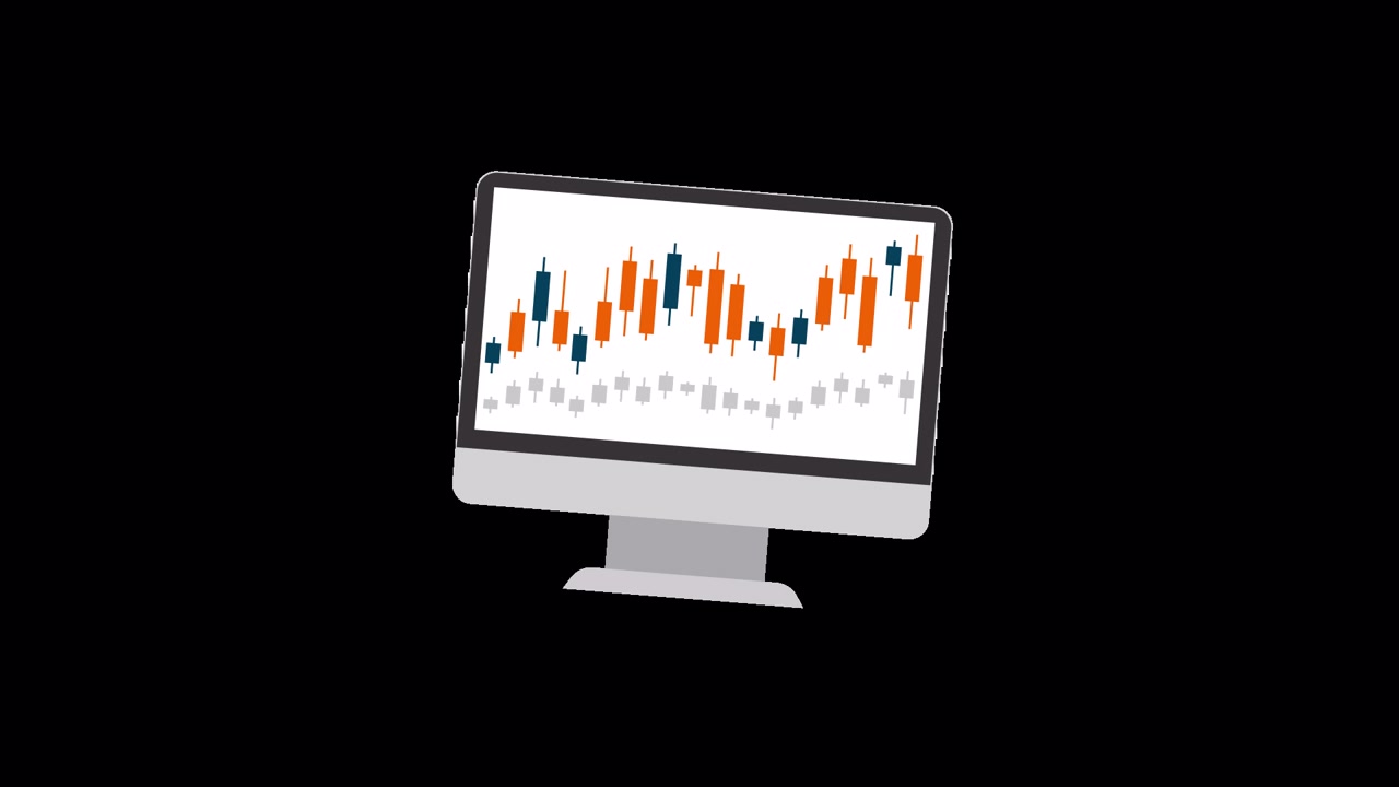 Computer Monitor Showing Animated Stock Market Candlestick Chart
