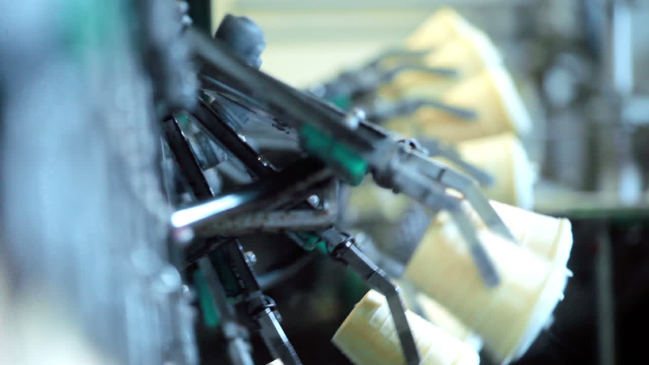 식품 가공 공장. 식품 컨베이어 라인에 있는 우유 제품. 아이스크림 생산