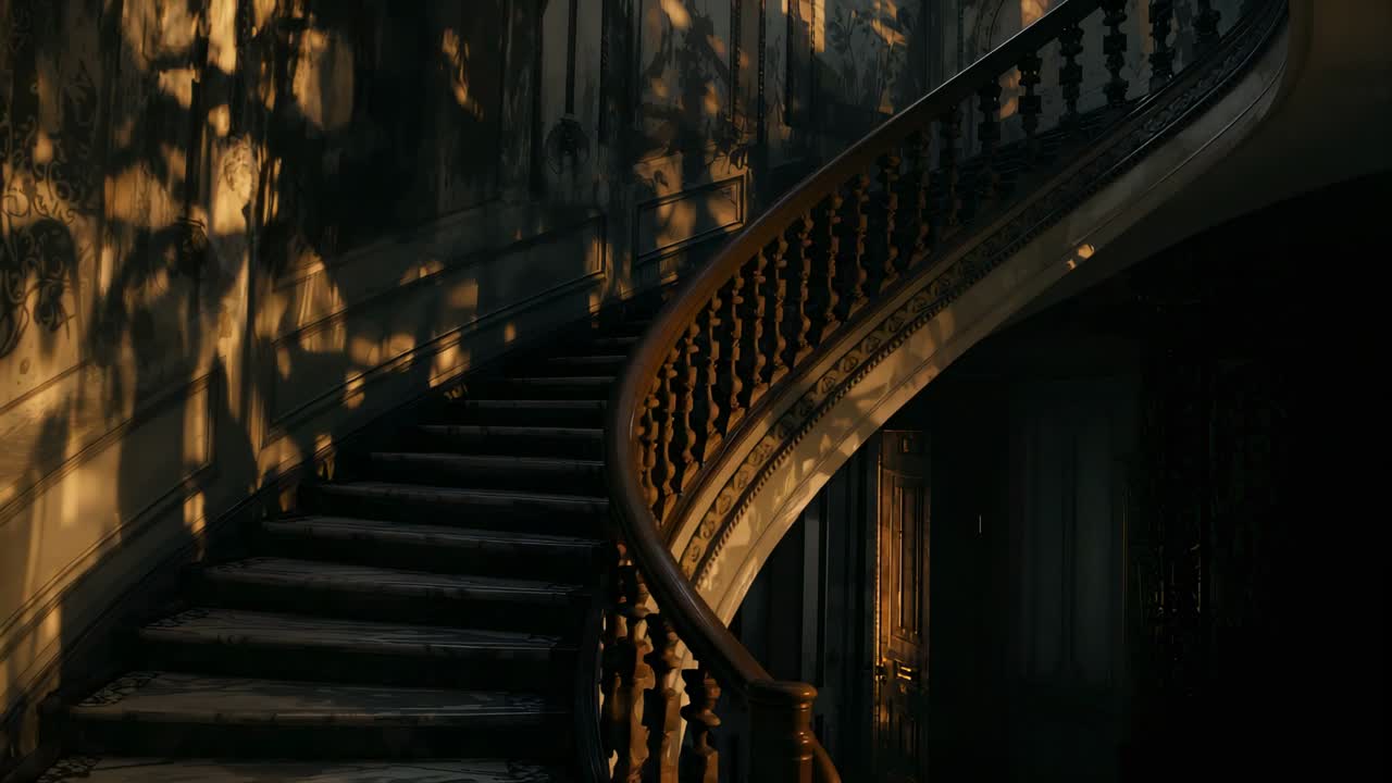 Camera panning foyer, revealing curved wooden staircase with ornate banister and half lit door