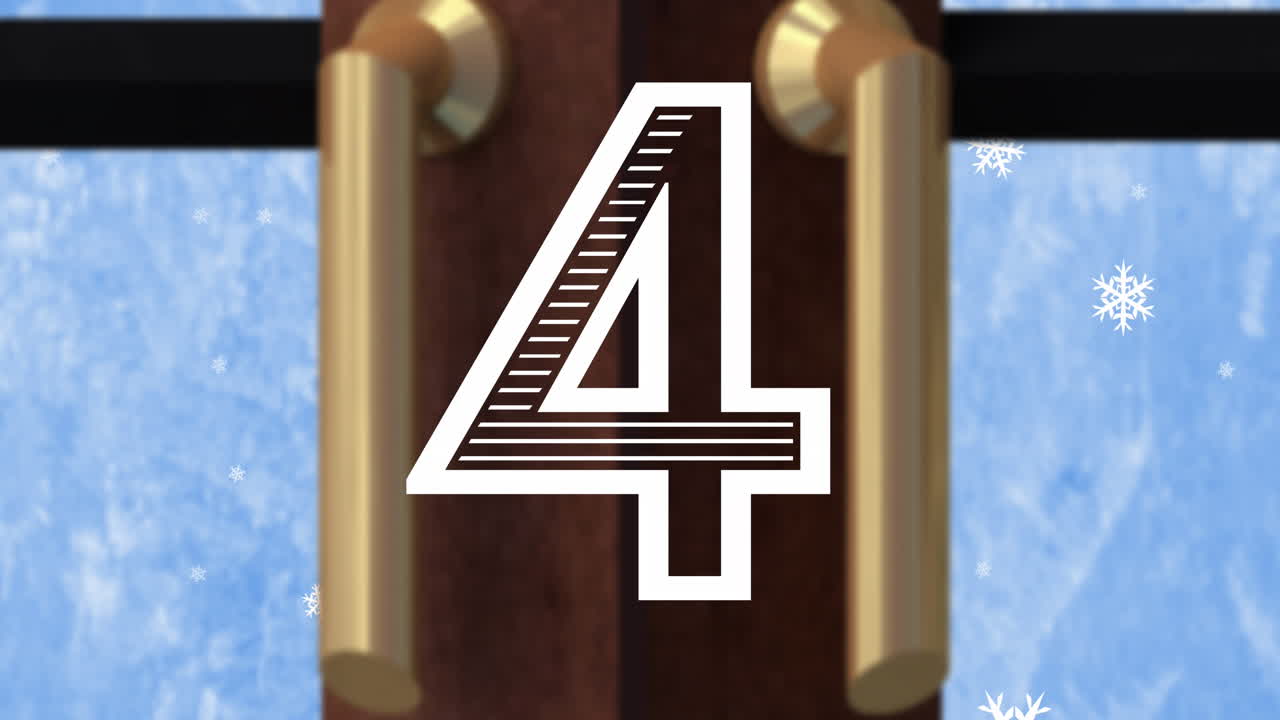 cuenta atrás sobre el árbol de navidad y el marco de la ventana contra los copos de nieve flotando sobre un fondo azul