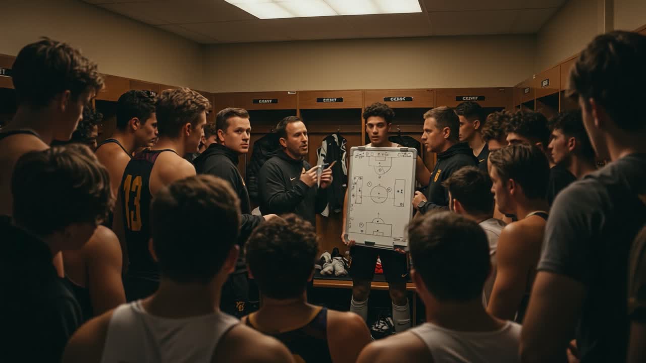 Team Meeting in Locker Room: Coaches Strategize with Players Before the Big Game, Focusing on Tactics and Unity to Secure Victory and Boost Team Morale
