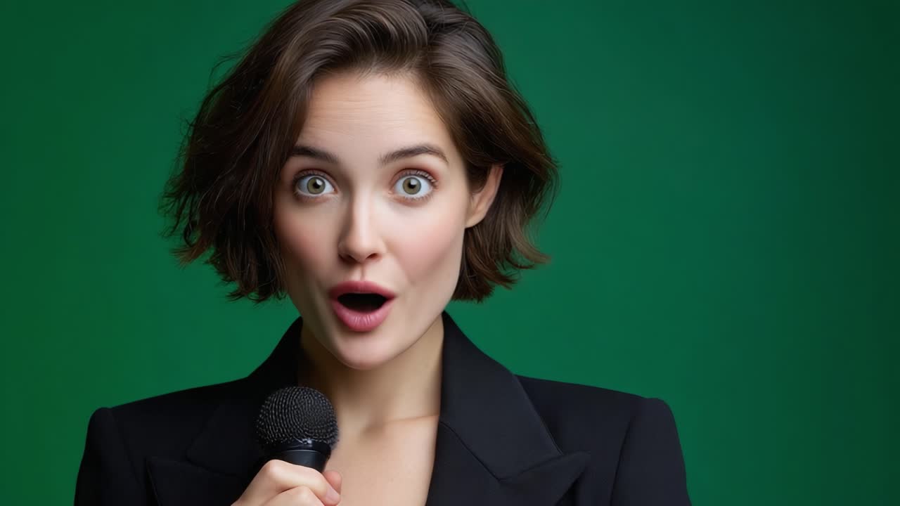 A Dynamic Journey of Expression: Captivating Female Speaker Transitions from Surprise to Joyful Confidence, Showcasing the Power of Communication with a Microphone