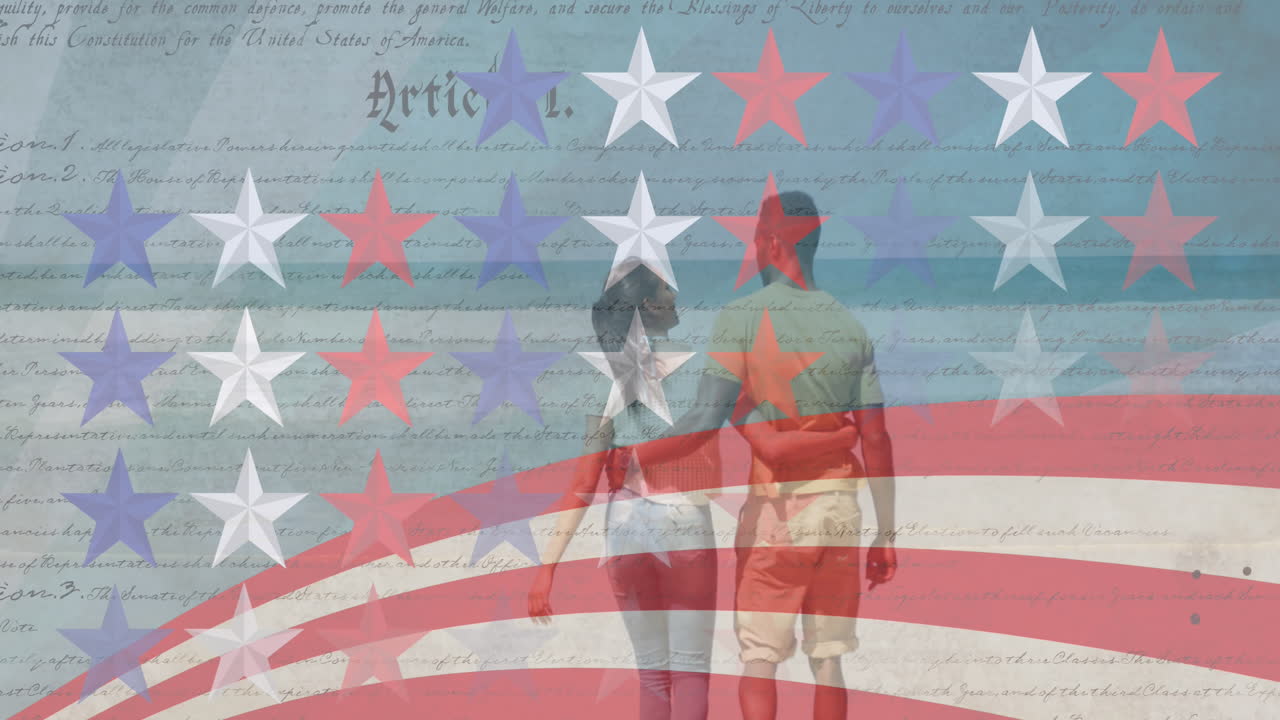 animación de rayas y estrellas moviéndose sobre una pareja caminando por la playa