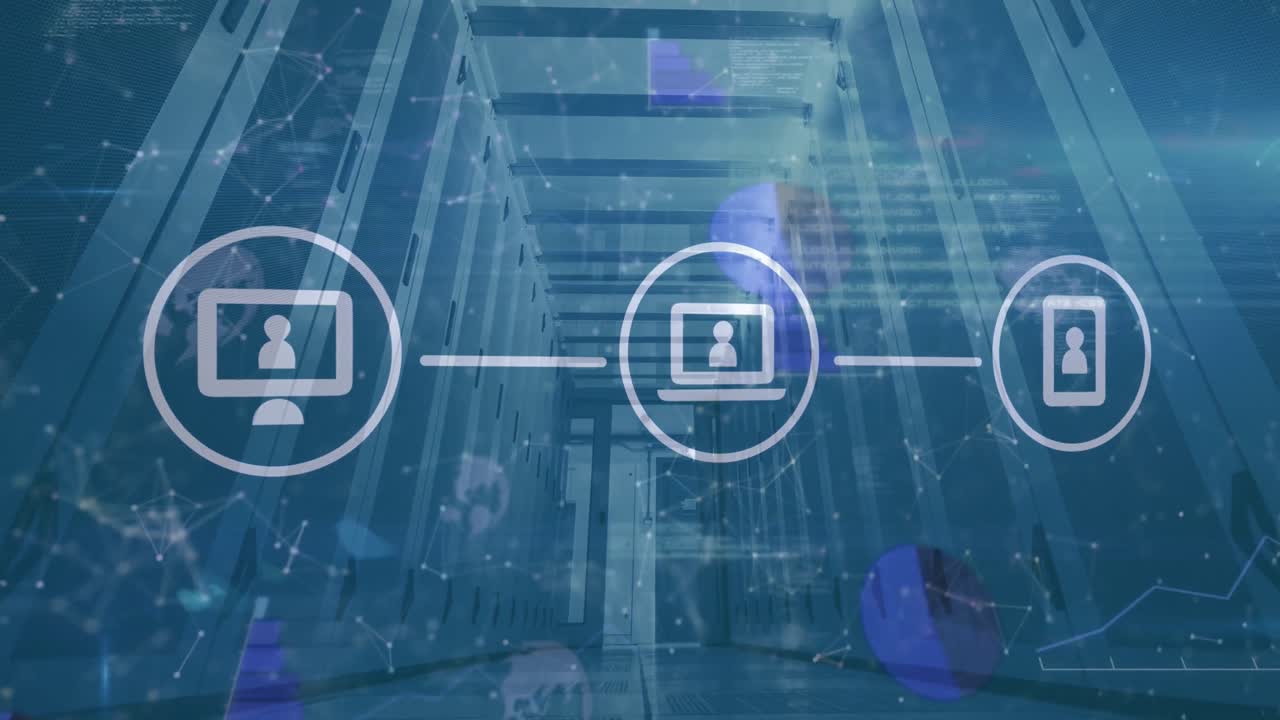 animación de teléfonos, portátiles, iconos de computadoras que forman diagramas de flujo y puntos conectados en la sala del servidor