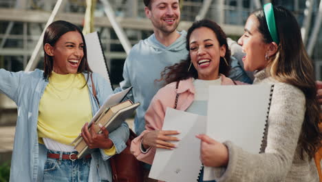 collage, examen y estudiantes felices por los resultados
