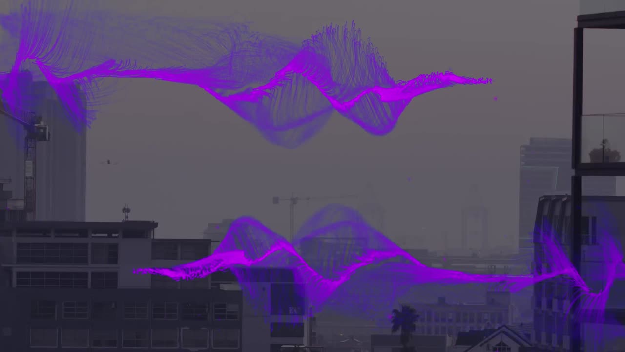 Animation of purple wave over cityscape