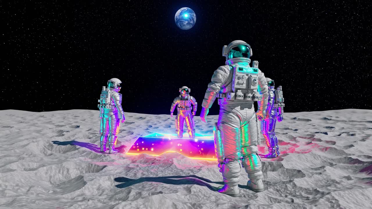Astronauts in colorful spacesuits are standing on the moon surface, exploring a glowing rectangular portal with Earth in the background, in a futuristic and surreal scene