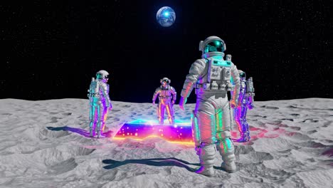 astronauts in colorful spacesuits are standing on the moon surface, exploring a glowing rectangular portal with earth in the background, in a futuristic and surreal scene