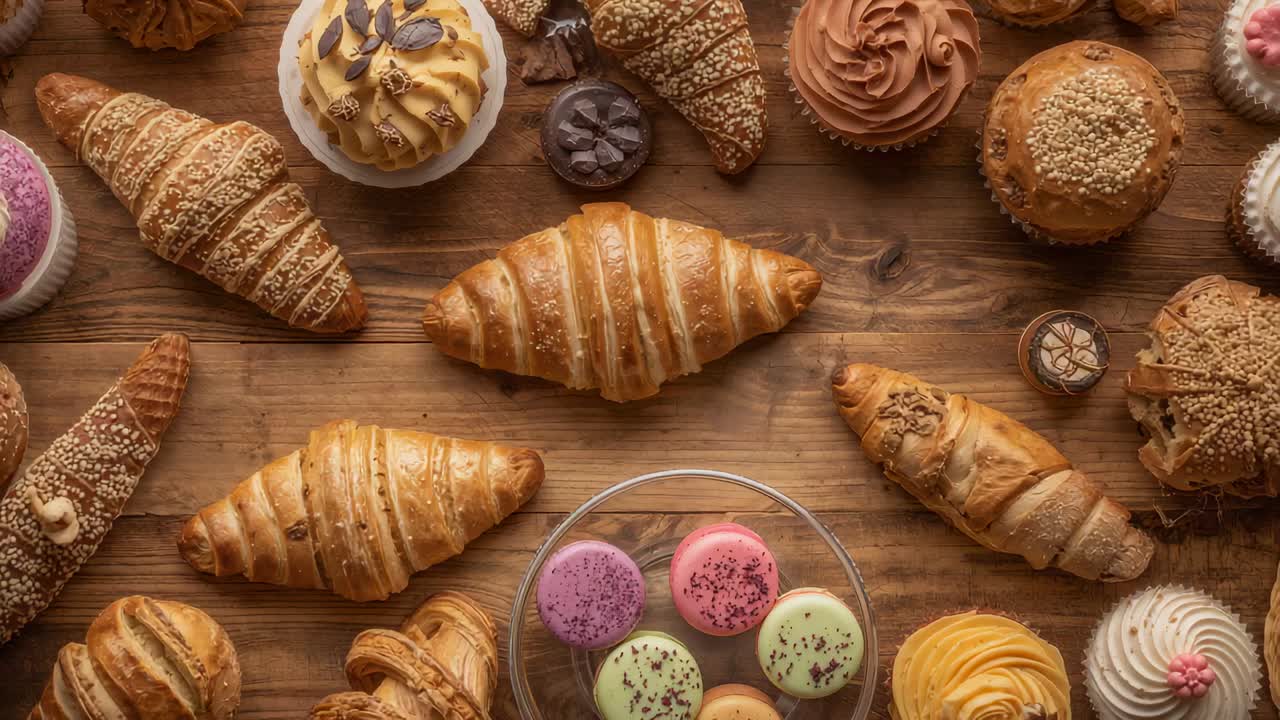 Shifting camera revealing large croissant and macaron bowl on rustic tabletop, showing texture