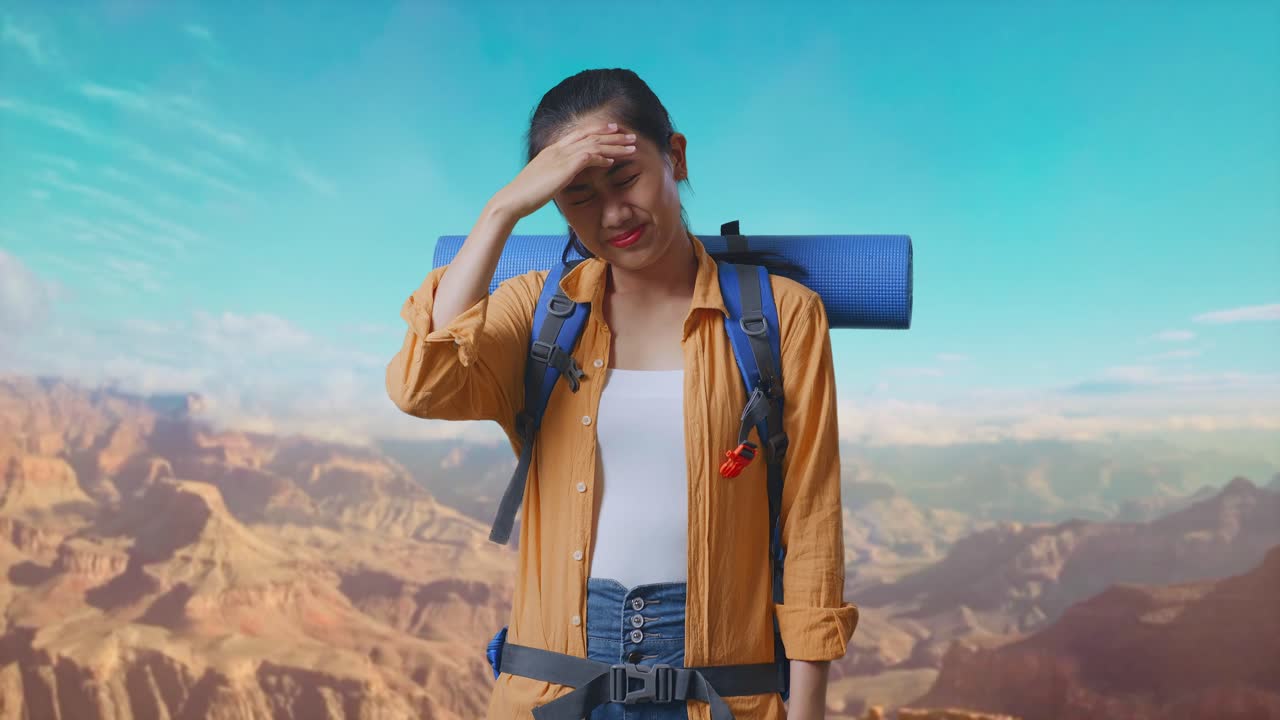 Asian Female Hiker With Mountaineering Backpack Having A Headache While Traveling At The Top Of Mountain