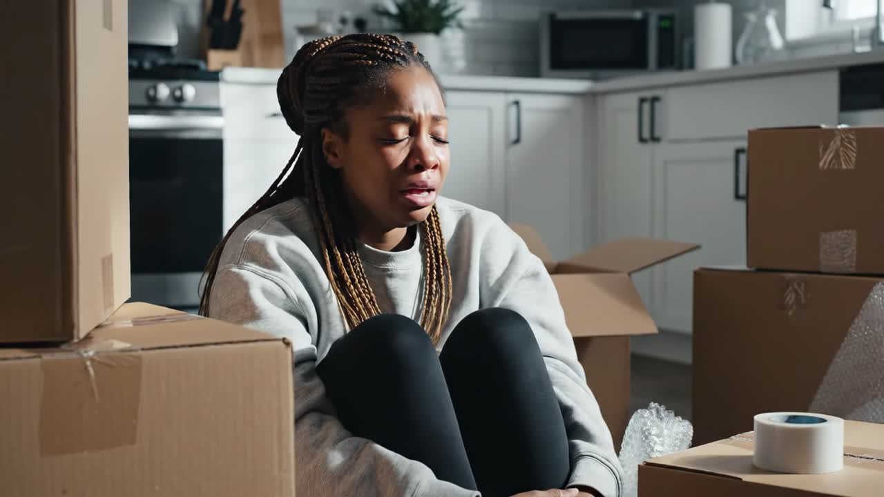 young woman sitting stressed surrounded by moving boxes