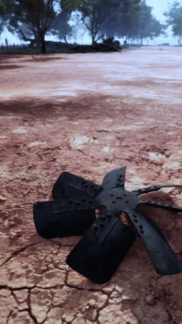 a rusty fan blade lies on the cracked, dry ground of a field