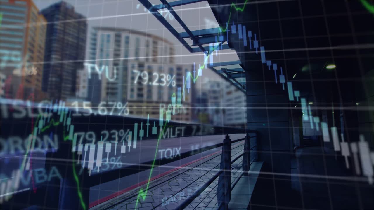 Financial data over office buildings, modern cityscape and road traffic.