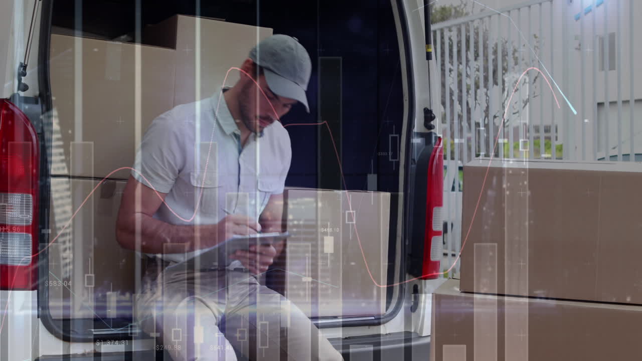 animación de estadísticas y procesamiento de datos financieros sobre el repartidor y la furgoneta