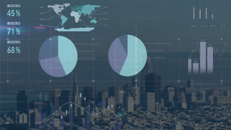 animación del procesamiento de datos financieros sobre el paisaje urbano