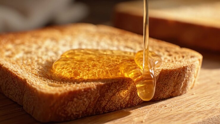 Golden Honey Drizzling Over Toast Slice: A Close-Up Visual Delight of Warm Bread and Sweet Syrup in a Cozy Kitchen Setting