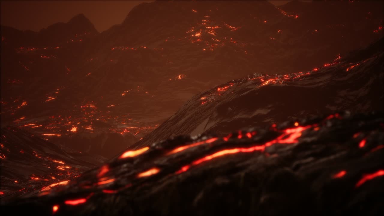 lava fundida roja y vibrante que fluye sobre un campo de lava gris y una tierra rocosa brillante