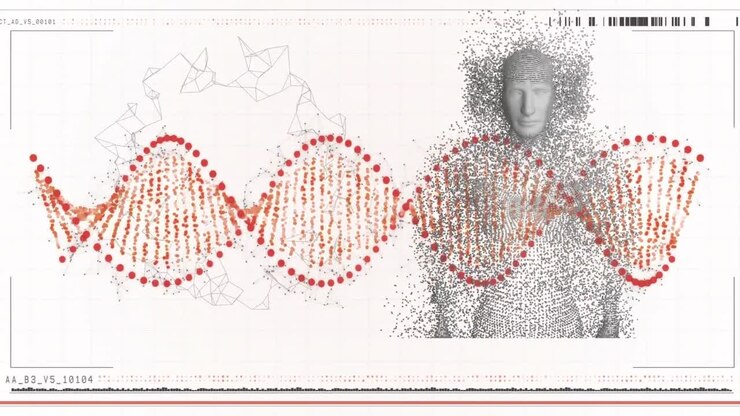 Animatie van een DNA-streng en netwerk met een menselijk lichaam gevormd uit exploderende deeltjes