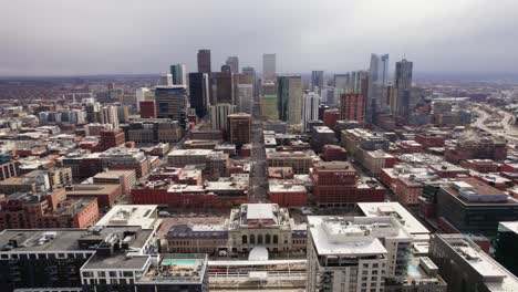 aerial view of downtown denver showing union station and surrounding cityscape