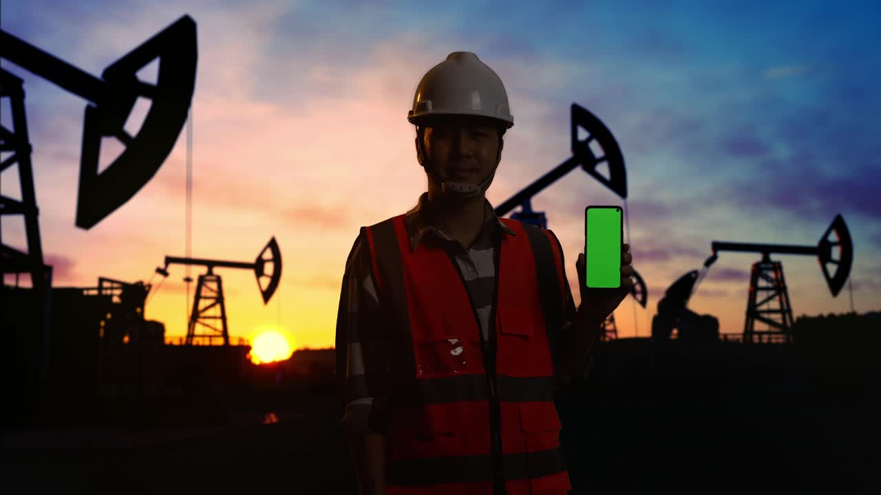 ingeniero masculino asiático con casco de seguridad sonriendo y mostrando un teléfono inteligente de pantalla verde a la cámara mientras está de pie frente a las bombas de petróleo, durante la puesta o el amanecer