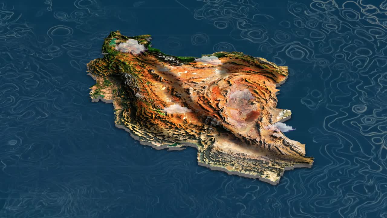 Mappa dell'Iran, modello di terreno 3D con atmosfera animata e spazio per sovrapposizioni di testo personalizzate
