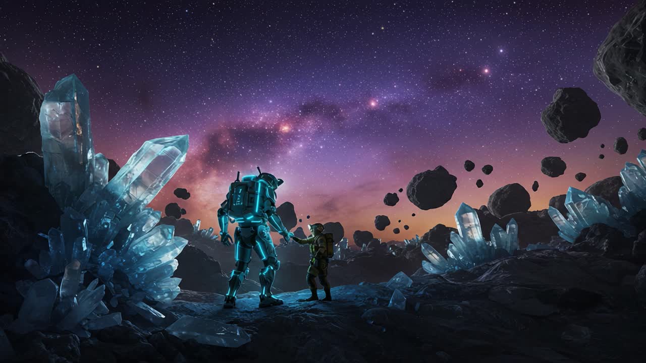 Exploring the Cosmic Frontier: A Journey Through an Exquisite Asteroid Field with Crystalline Structures Under a Starry Sky