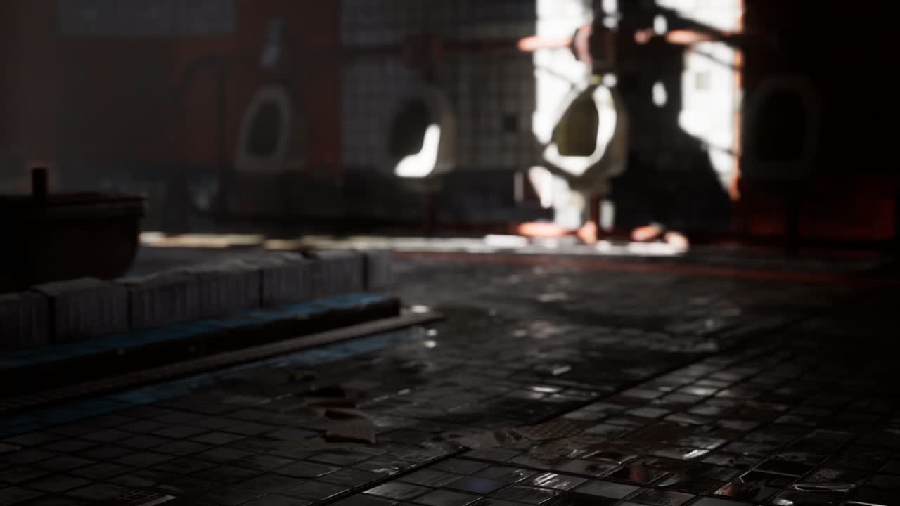 밝은 조명을 가진 버려진 오래된 공공 화장실