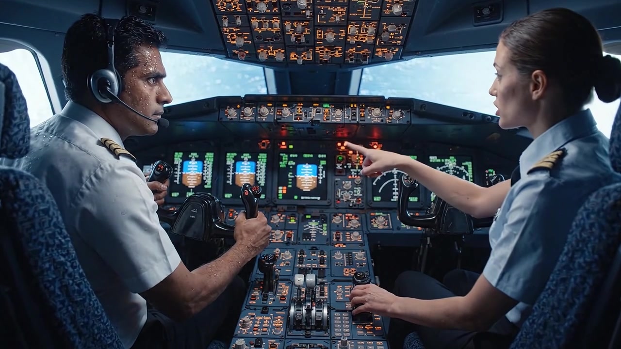 Experienced pilots working collaboratively in an aircraft cockpit, adjusting controls and monitoring instruments to ensure a safe flight environment.