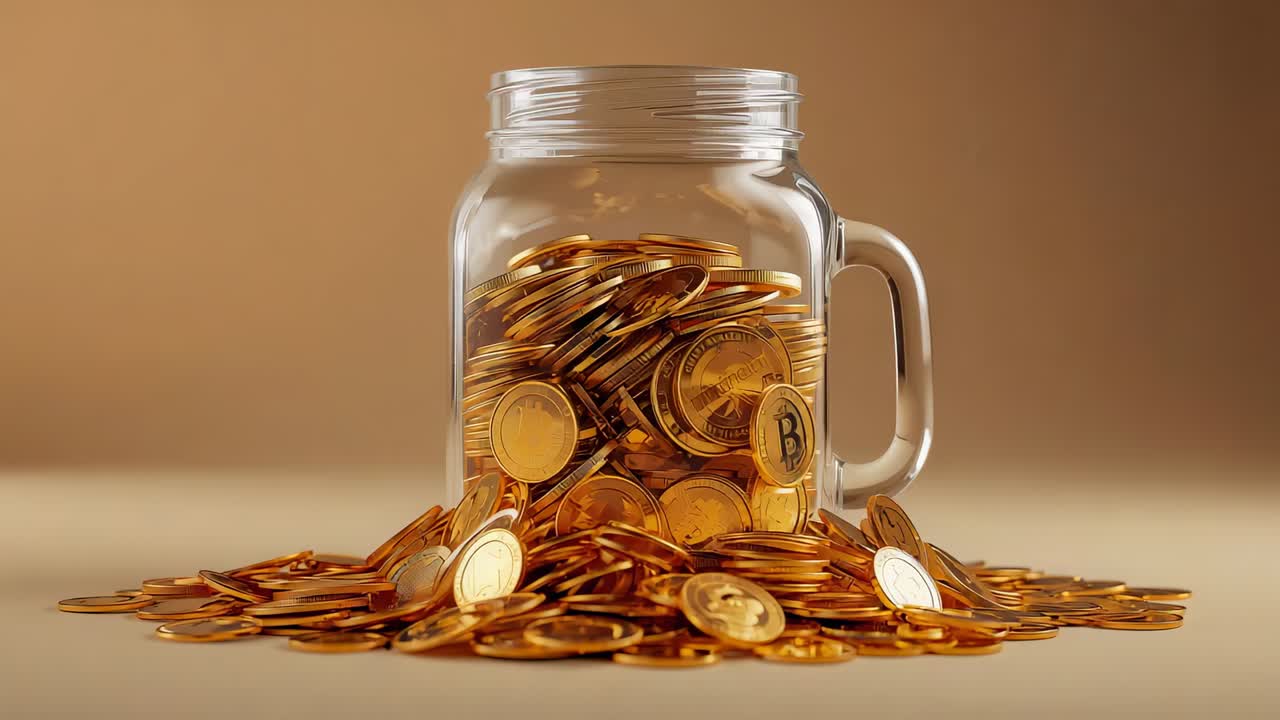 Gravity causing gold Bitcoin coins settling and sliding on flat table, revealing mason jar coins